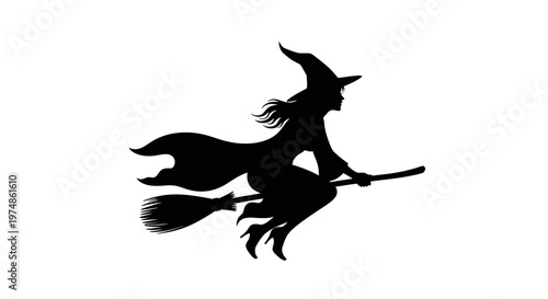 Witch flying on broomstick silhouette.