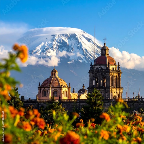 A stunning landscape showing a majestic mountain capped with a wispy cloud, church domes, and vivid orange flowers
