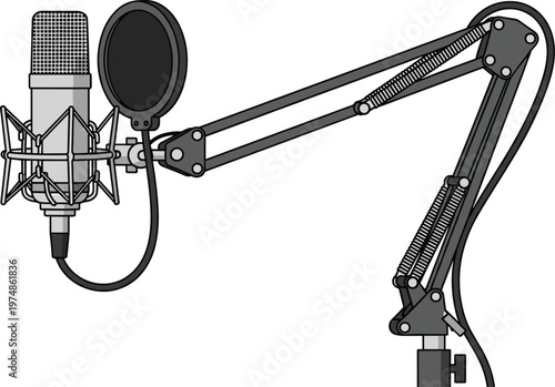 "Professional studio microphone vector illustration with condenser mic, pop filter, shock mount, boom arm, podcast recording design"
