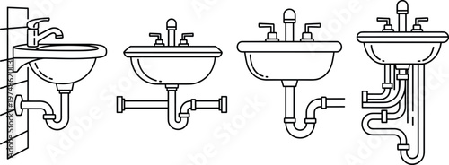 Bathroom sink plumbing system variations with faucets, basins, and drain pipe configurations for household, industrial, and educational design reference.