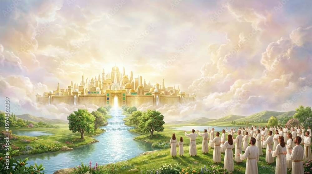 Fototapeta premium Group of people in robes standing before the golden gates of heaven. Celestial city in the clouds above a river. Biblical illustration representing afterlife and eternal spiritual peace.