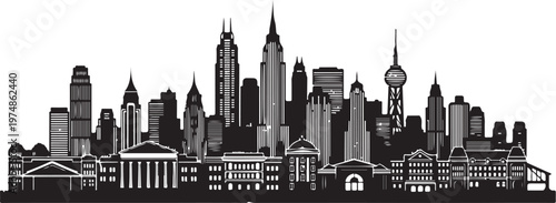 New York City Skyline Black and White Illustration
