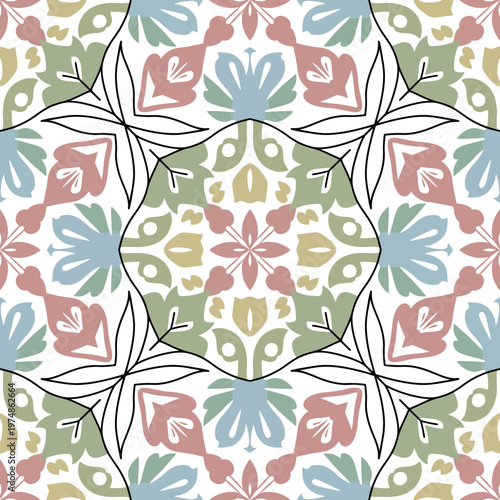 Geometric Floral Tile Pattern in Pastel Tones