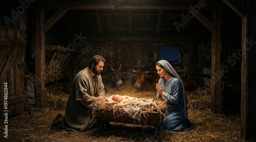 Mary and Joseph kneeling beside baby Jesus in a manger within a humble stable. Nativity scene depicting the holy family with sacred animals. Traditional religious celebration of Christmas.