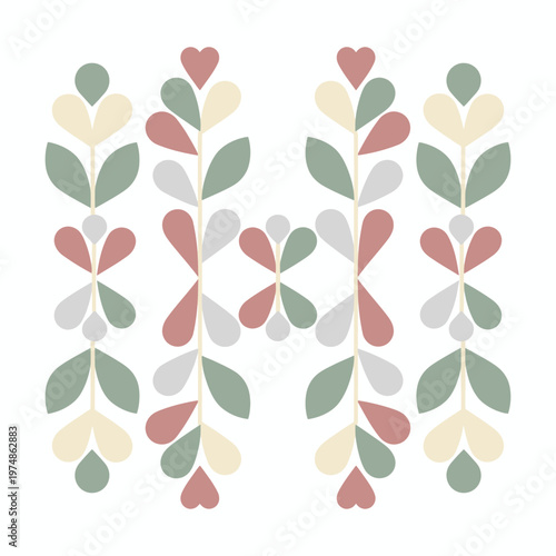 Stylized Botanical Pattern with Leaves and Hearts