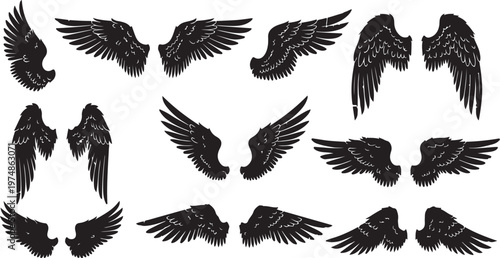 Collection of black angel wings on white background