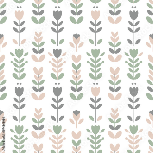 Pattern of Stylized Floral Stems and Leaves