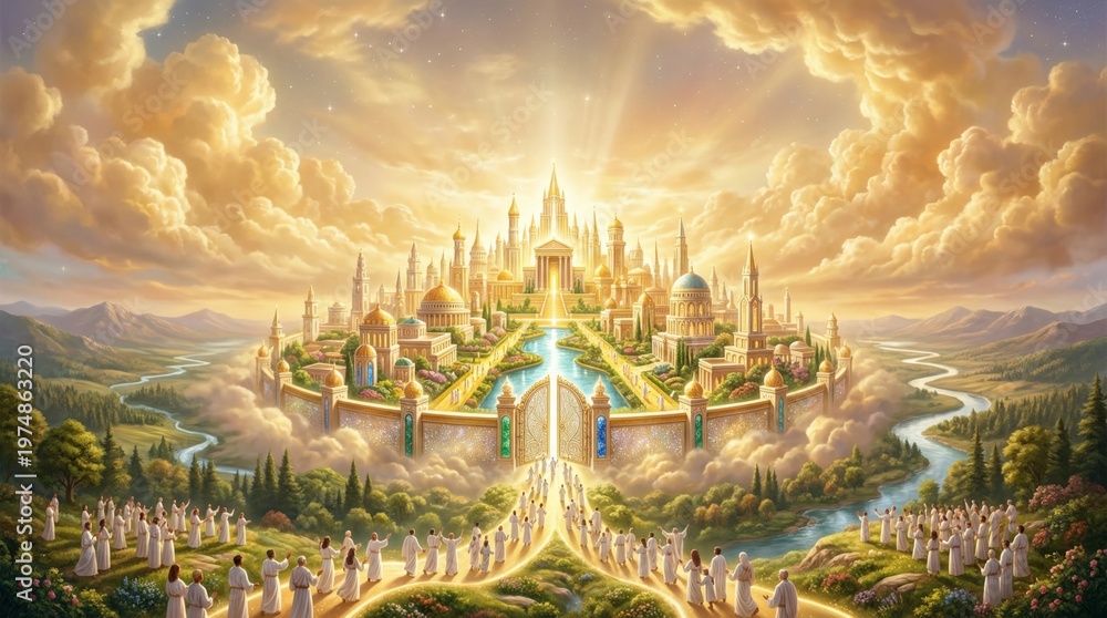 Fototapeta premium Group of people in white robes walking toward the golden gates of heaven. Celestial city with shining architecture and bright light. Religious concept of salvation and eternal afterlife.