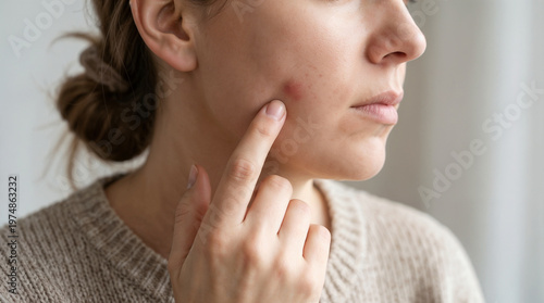 Woman Face Closeup with Red Inflamed Skin Allergy Symptoms Studio Soft Lighting