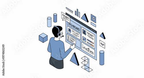 Isometric Illustration of a Customer Support Agent Managing a Help Desk Ticket Dashboard with Data Analytics