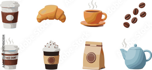 Coffee and Bakery Icon Set with Croissant, Takeaway Cups, Coffee Beans, Teapot and Packaging, Flat Vector Illustration Collection for Cafe Menu and Branding Design