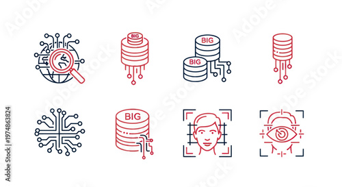Set of big data and facial recognition technology line icons