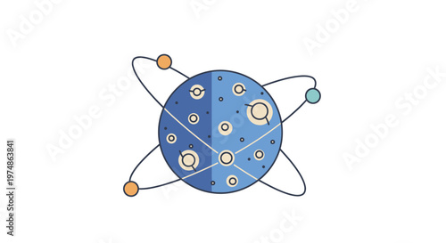 Flat design illustration of a planet with orbiting satellites on a white background.