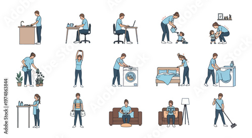 Set of people performing various daily routine activities and household chores at home