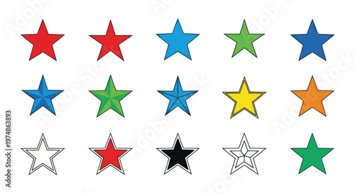 Set of colorful star icons in various styles isolated on white background