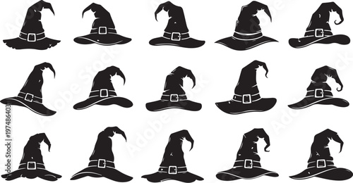 Collection of black witch hats in various styles