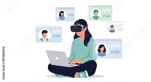 Woman wearing virtual reality headset laptop.