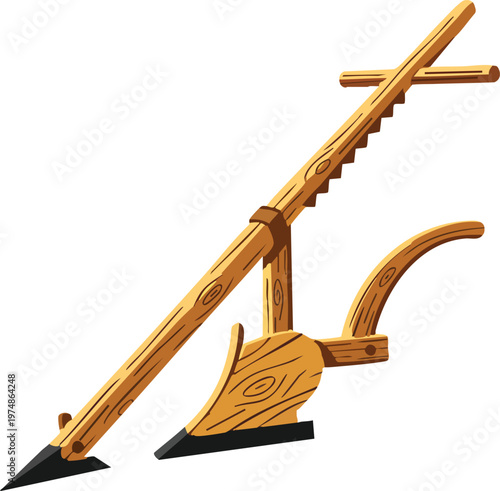 Wooden Traditional Plow Illustration, Agriculture Farming Tool Vector Design