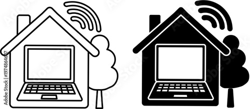 Work from home icon with laptop and house. Remote job and freelance workplace concept