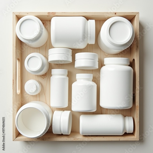 Overhead flat lay of various empty white plastic jars and bottles with no labels, neatly arranged on a wooden tray, top-down view