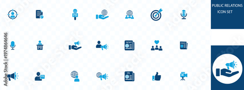 A collection of blue public relations icons depicts communication media audience engagement and strategic messaging concepts high quality professional detailed modern elegant stylish