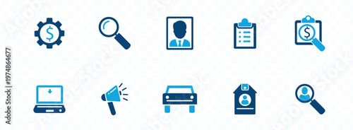 A collection of flat blue icon designs representing business finance technology and personal identification concepts high quality professional detailed modern elegant stylish clean