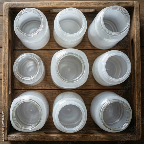 Overhead flat lay of various empty white plastic jars and bottles with no labels, neatly arranged on a wooden tray, top-down view