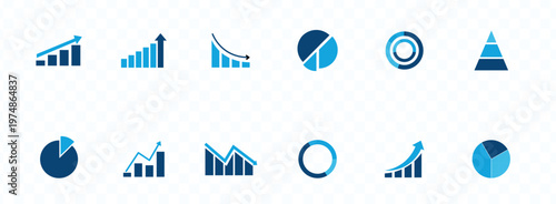 A collection of various blue toned data visualization icons representing charts graphs and analytical progress indicators high quality professional detailed modern elegant stylish