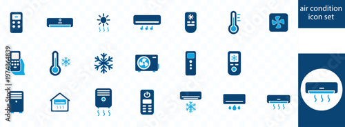 This image displays a collection of blue air conditioning icons including units remotes thermostats and related symbols high quality professional detailed modern elegant