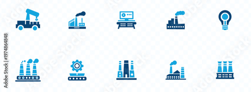 A collection of blue line icons depicts various elements of industry manufacturing technology and energy production high quality professional detailed modern elegant stylish