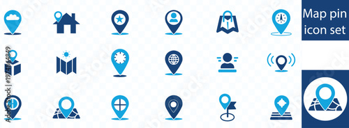 This image displays a collection of blue map pin icons representing various location based services and points of interest high quality professional detailed
