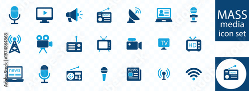 A collection of blue icons representing various forms of mass media including broadcasting recording and communication technologies high quality professional detailed modern elegant