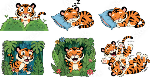 Cute tiger daily activities set cartoon animal sleeping playing hiding in jungle funny vector illustration collection