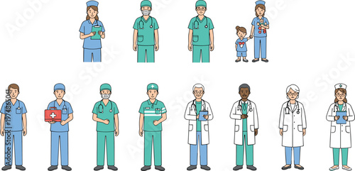 Vector set of professional medical healthcare workers including doctors and nurses in scrubs for clinic and hospital service.