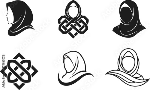 Set of elegant hijab vector icons featuring Muslim woman silhouettes, abstract Islamic geometric patterns, and modern headscarf logo designs for modest fashion branding.