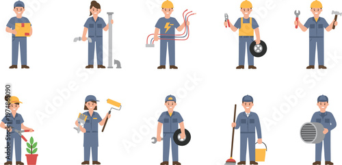 Vector set of professional workers including delivery person plumber and electrician for home service concepts.