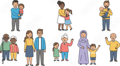 Vector set of diverse happy family members including parents children and grandparents for domestic life and multi generational bonding.