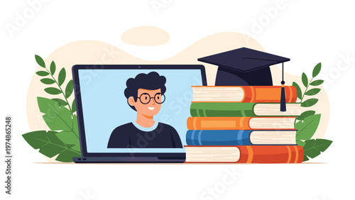 Modern laptop computer displaying a student on the screen next to a tall stack of books and a graduation cap on top.