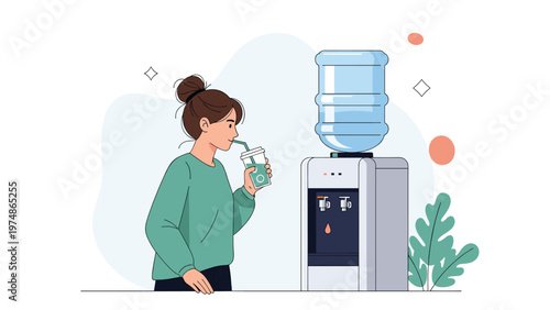 Young woman standing near an office water cooler and drinking a refreshing beverage through a straw from a plastic cup.