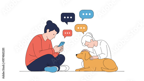Two young women sitting on the floor with their pet dog while using a smartphone and having a conversation via chat bubbles.