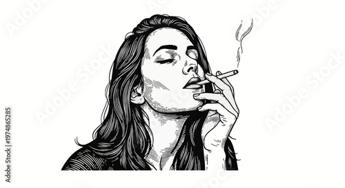 Vector illustration of a young woman with long hair in a relaxed pose smoking a cigarette, eyes closed, black and white woodcut engraving style on a plain white background.