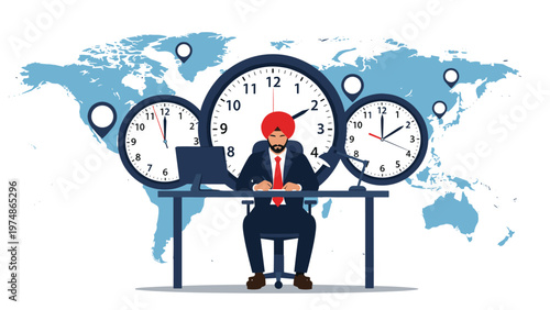 Focused businessman sitting at his office desk with a large world map and three clocks showing different international times.