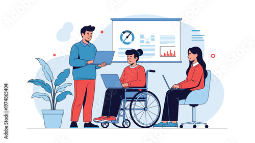 Inclusive group of office workers including a woman in a wheelchair collaborating on a project with laptops and data charts.