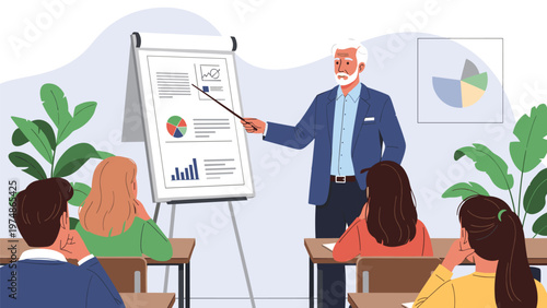 Experienced elderly professor using a pointer to explain detailed charts and diagrams on a whiteboard to a class of students.