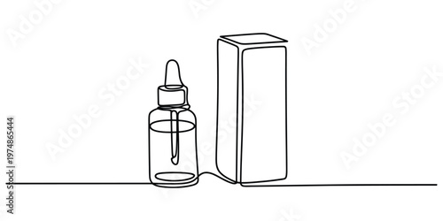 Continuous line drawing of a cosmetic serum bottle and box