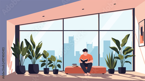 Young man sitting on a long bench and reading a book in a modern room with large windows overlooking a city skyline.