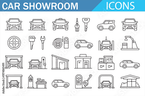 Automotive showroom icons pack simple line vector collection for vehicle services