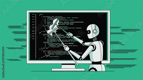 Helpful white robot using squeegees to clean lines of software code on a computer monitor against a green background.