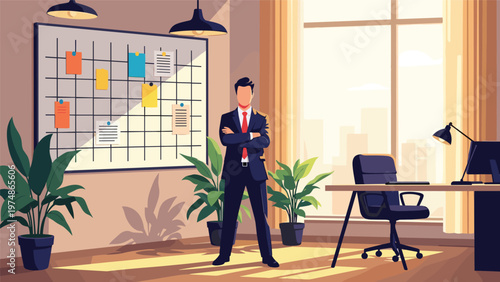 Confident businessman standing with arms crossed in a modern office featuring a large bulletin board with various colored notes.