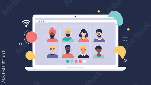 Laptop screen displaying a virtual video conference meeting with several diverse participants appearing in individual windows.